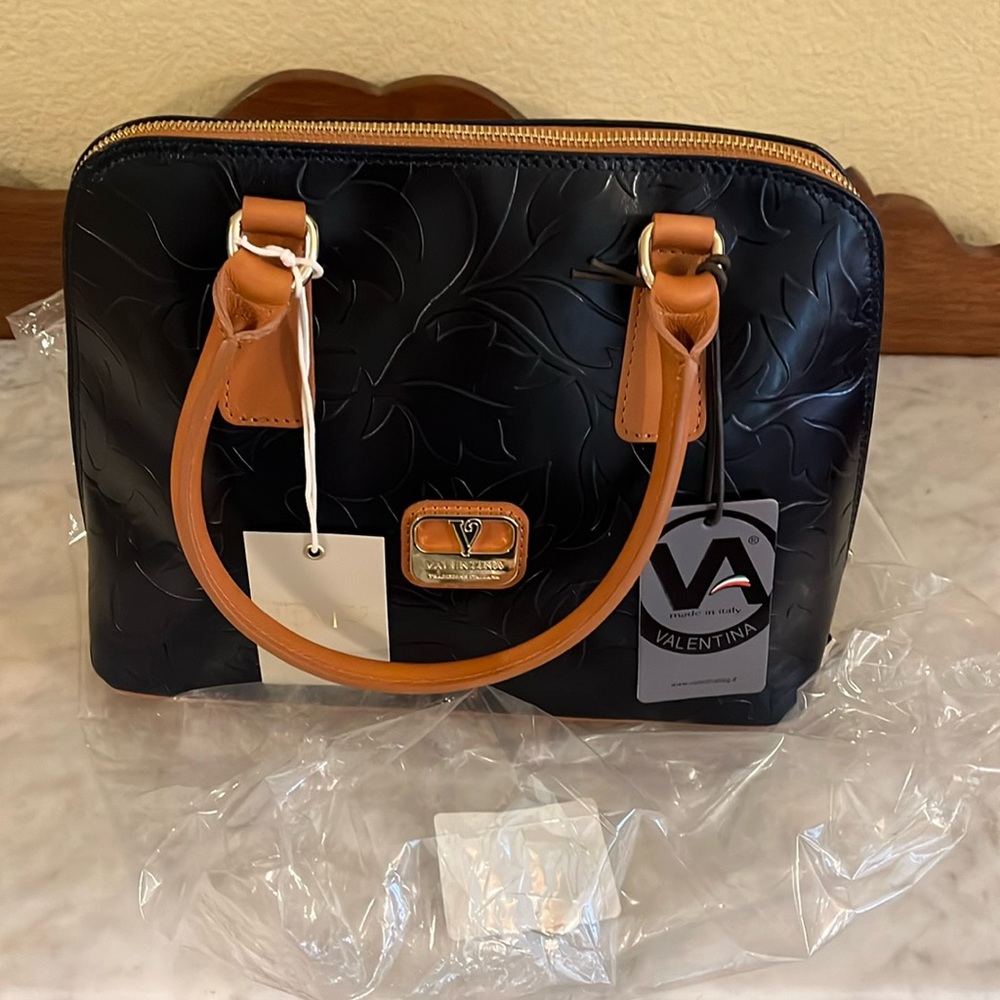 NWT-Valentina-Leather Tulip Satchel Dome-Denim